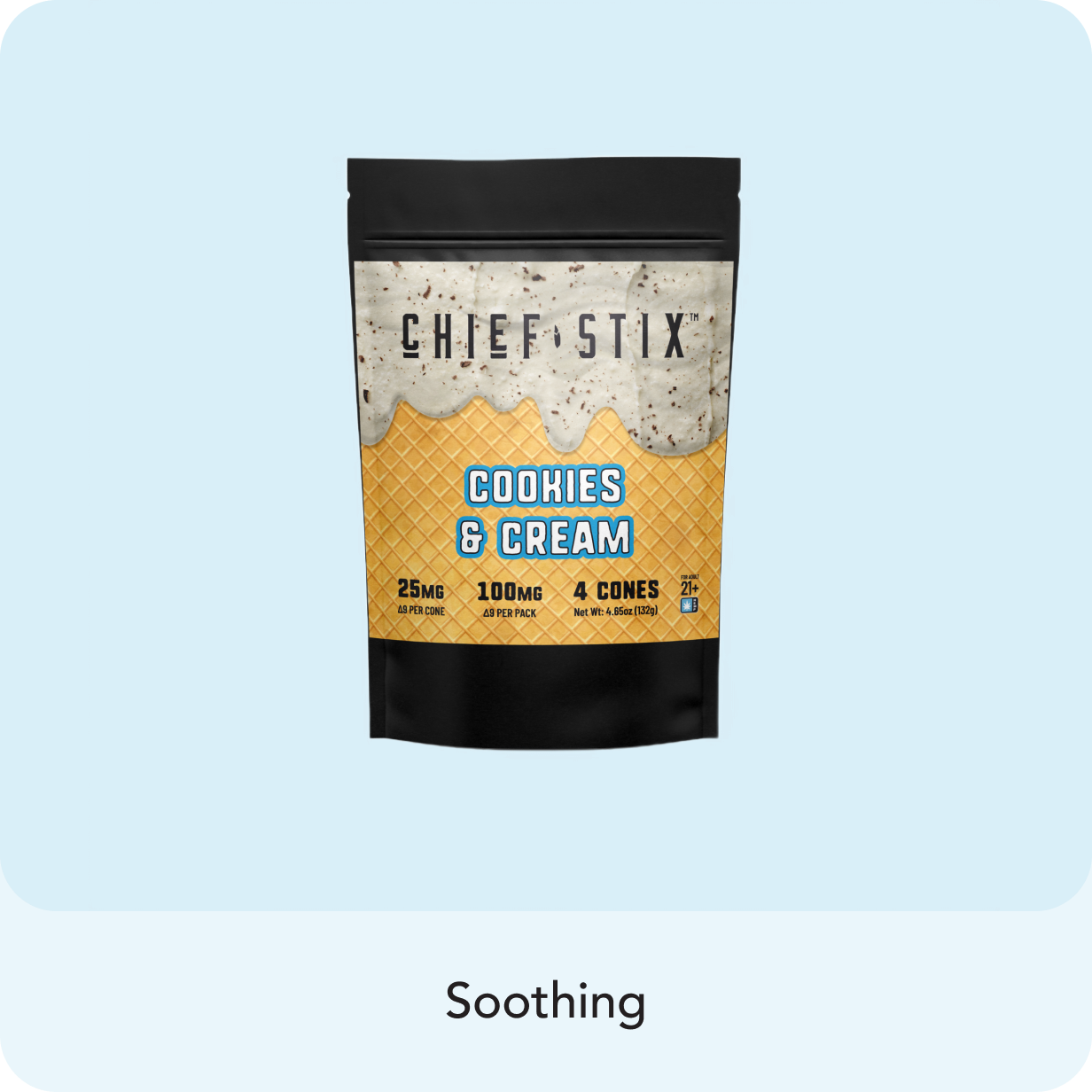 Cookies & Cream Delta-9 THC waffle cone edible with chocolate coating, infused with premium hemp blend for balanced relaxation and sweet flavor