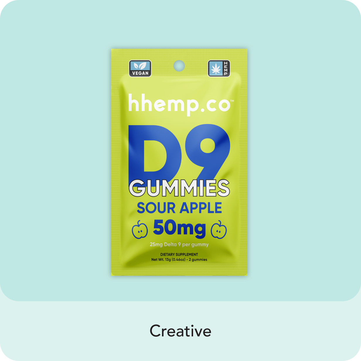 Sour Apple Delta-9 THC gummies, 25mg each, 250mg per pack, organic and vegan, made from U.S. hemp and Farm Bill compliant.