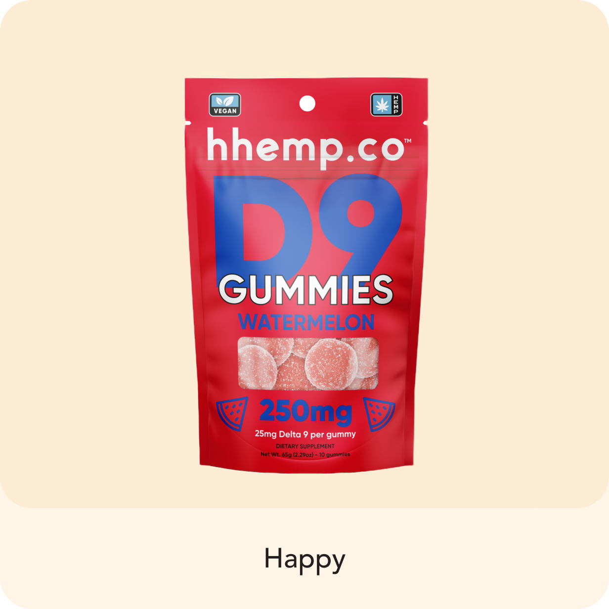 Delta 9 Watermelon Gummies—10-pack of vegan, gluten-free edibles made with 25mg hemp-derived Delta-9 THC per gummy, organic and Farm Bill compliant.