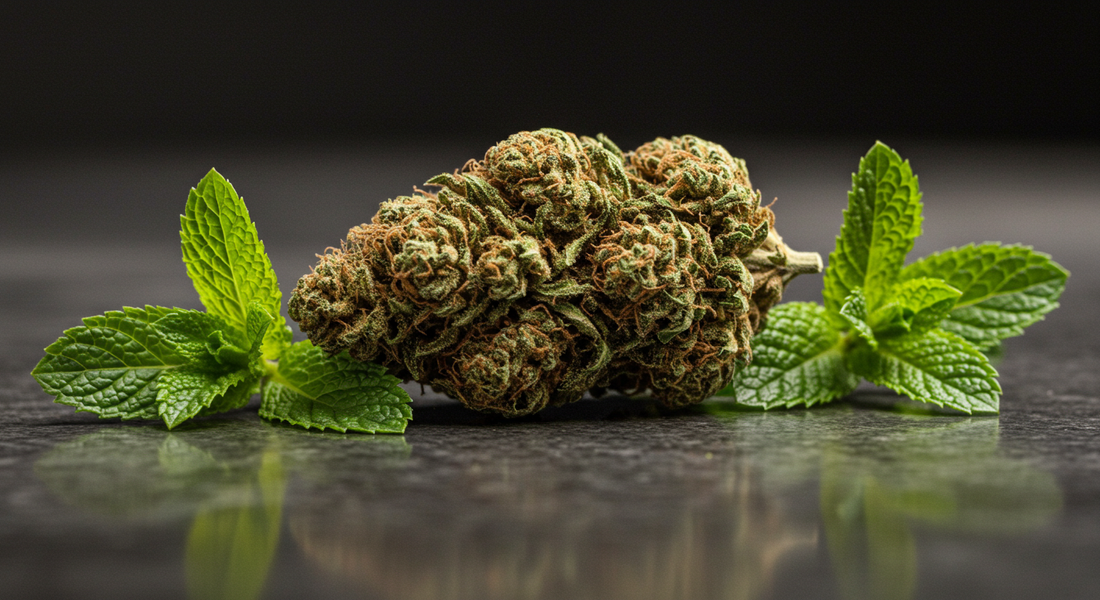 Close up shot of Kush Mintz surrounded by mint leafs